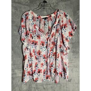 Zac & Rachel Woman 2X Floral Poppy Print Tie Neck Flutter Sleeve Blouse Top